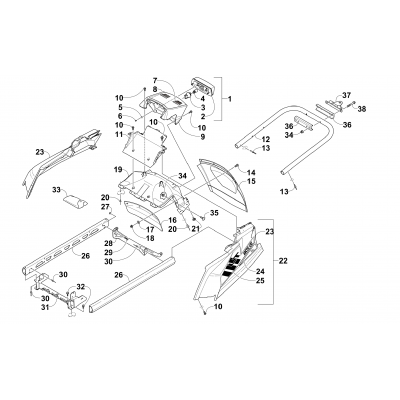 REAR BUMPER, HITCH, RACK RAIL, SNOWFLAP, AND TAILLIGHT ASSEMBLY