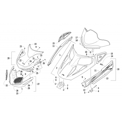 HOOD, WINDSHIELD, AND FRONT BUMPER ASSEMBLY