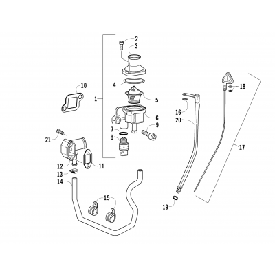 THERMOSTAT, WATER INLET FLANGE, AND OIL LEVEL STICK ASSEMBLIES