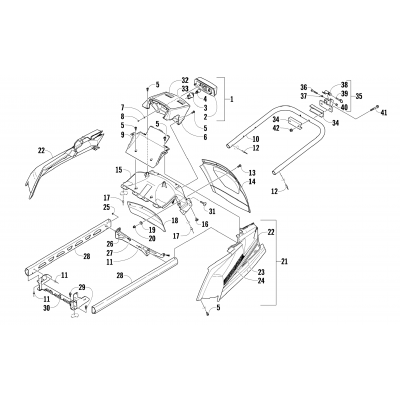 REAR BUMPER, HITCH, RACK RAIL, SNOWFLAP, AND TAILLIGHT ASSEMBLY