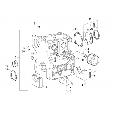 CRANKCASE, CRANKSHAFT SUPPORT, AND OIL FILTER ASSEMBLIES