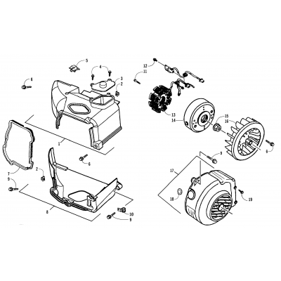 STATOR, FLYWHEEL, AND ENGINE SHROUD ASSEMBLIES