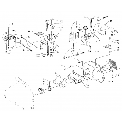 BATTERY, AIR SILENCER, AND OIL TANK