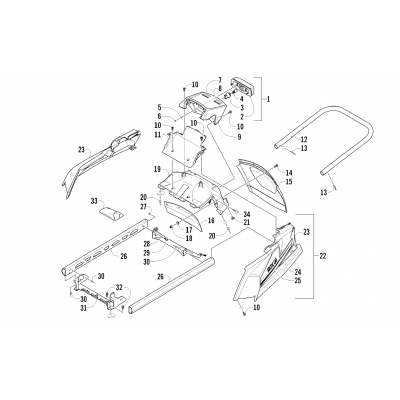 REAR BUMPER, RACK RAIL, SNOWFLAP, AND TAILLIGHT ASSEMBLY