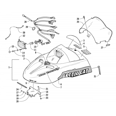 HOOD, HEADLIGHT, AND WINDSHIELD ASSEMBLY