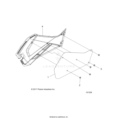 BODY, RIGHT HAND SIDE PANEL HEAT SHIELD AND HARDWARE 1 UP - A19SHE57FP (101329)
