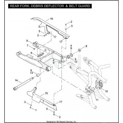 REAR FORK, DEBRIS DEFLECTOR & BELT GUARD