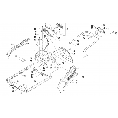 REAR BUMPER, HITCH, RACK RAIL, SNOWFLAP, AND TAILLIGHT ASSEMBLY