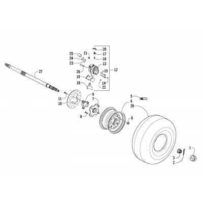 REAR WHEELS, AXLE, AND BRAKE ASSEMBLY