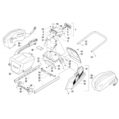 REAR BUMPER, RACK RAIL, SNOWFLAP, AND TAILLIGHT ASSEMBLY