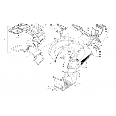 REAR RACK, BODY PANEL, FOOTWELL, AND TAILLIGHT ASSEMBLIES