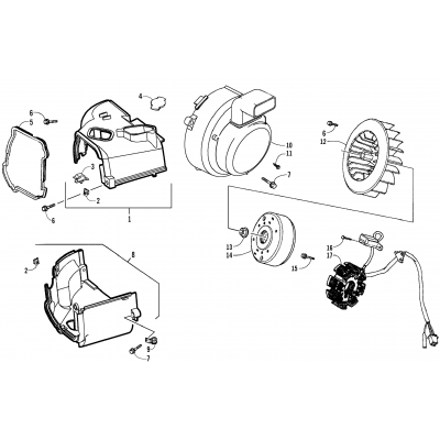 STATOR, FLYWHEEL, AND ENGINE SHROUD ASSEMBLIES