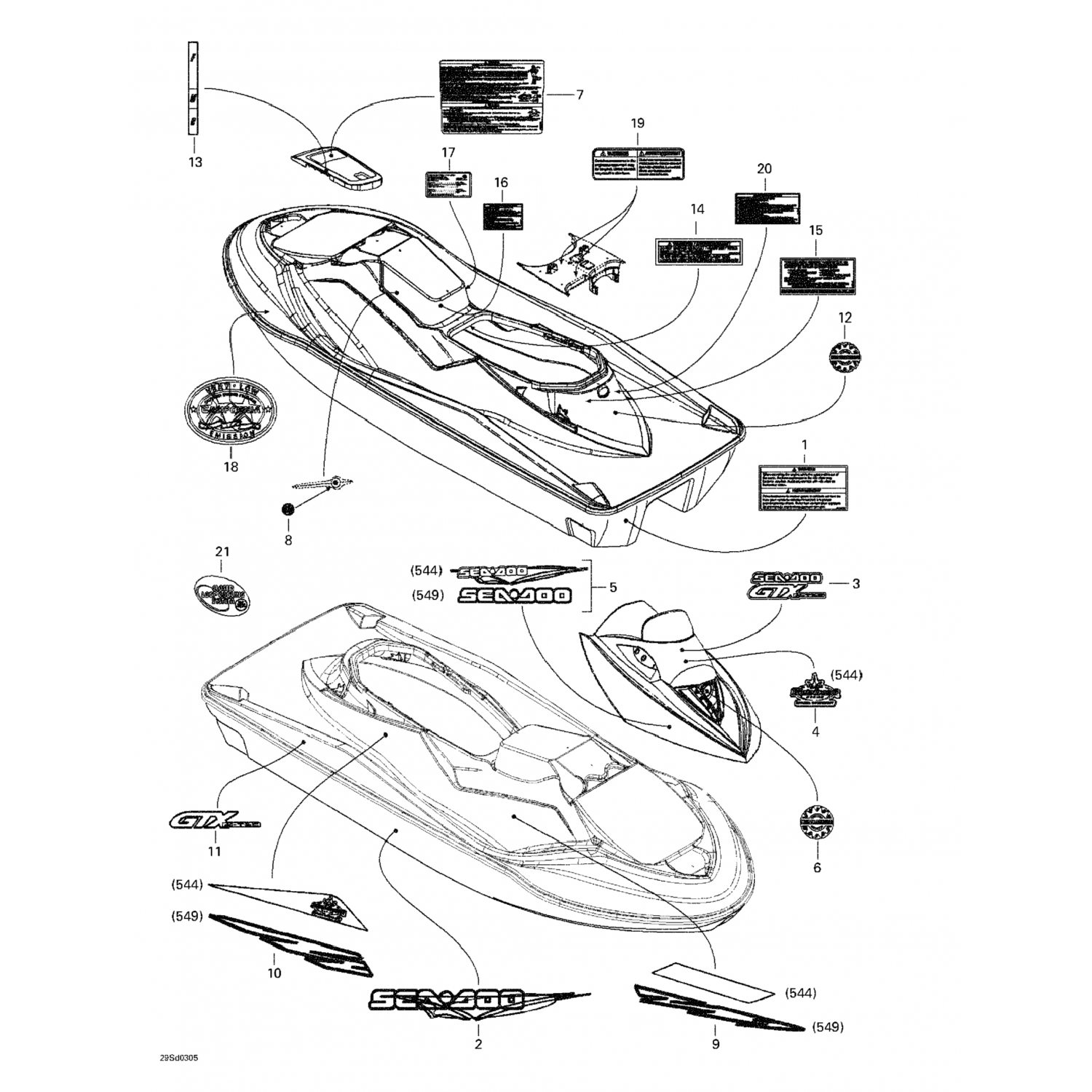 219902061 Sea-Doo - L.h. rear decal BLUE (B-544) GTX 4-TEC 6125/6126.